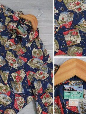 Reyn Spooner Hawaiian Shirt Men's XL Navy Japanese Fishing Camp Print Resortwear
